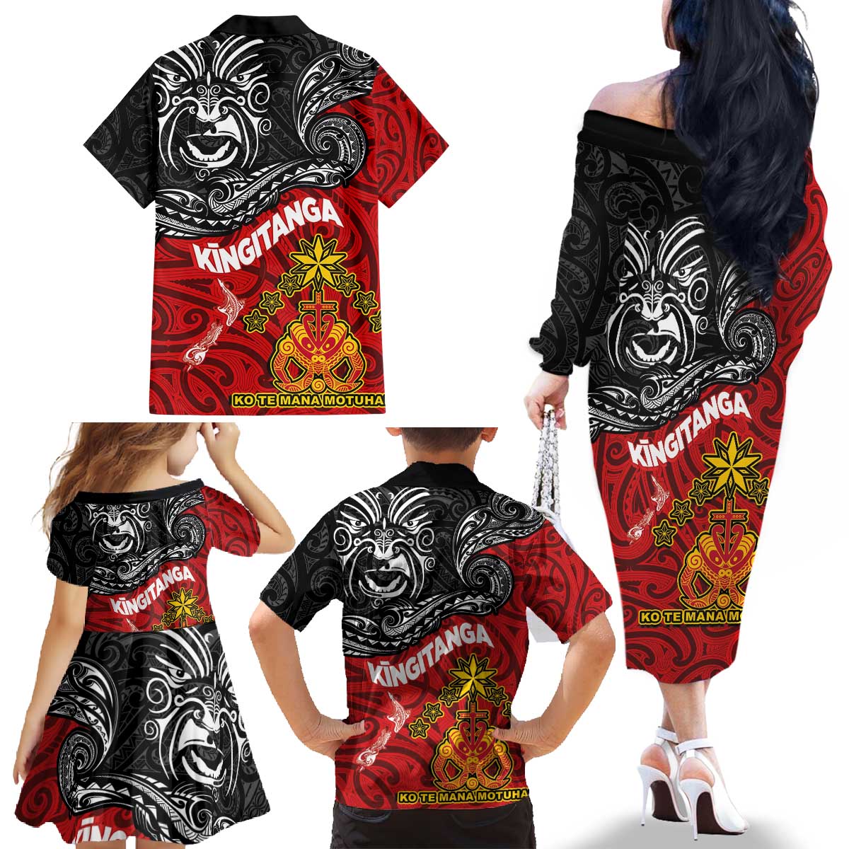 Maori King Movement Family Matching Off The Shoulder Long Sleeve Dress and Hawaiian Shirt Ko Te Mana Motuhake Emblem with Moko and Polynesian Art Tattoo LT03 - Polynesian Pride