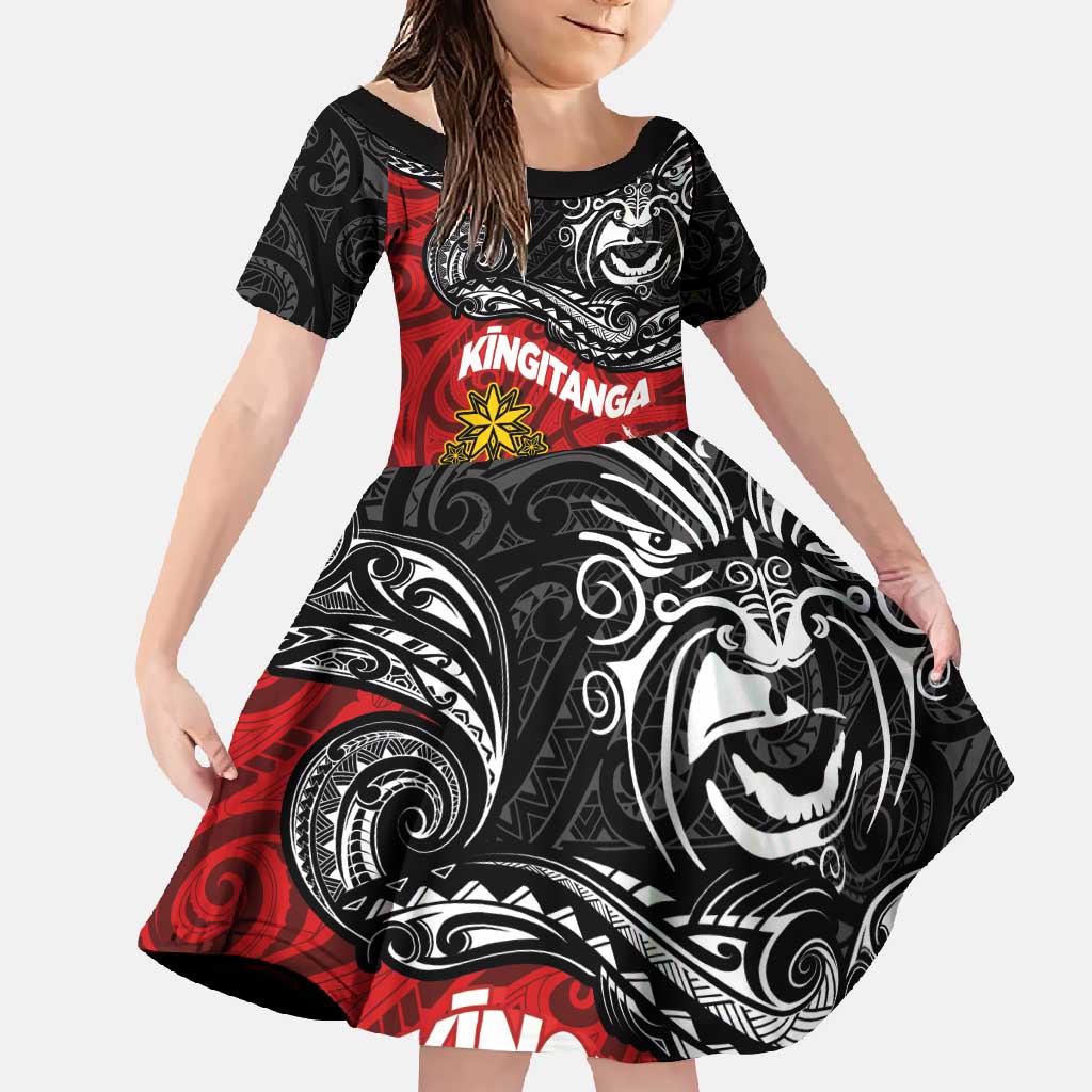 Maori King Movement Family Matching Off Shoulder Maxi Dress and Hawaiian Shirt Ko Te Mana Motuhake Emblem with Moko and Polynesian Art Tattoo LT03 Daughter's Dress Red - Polynesian Pride