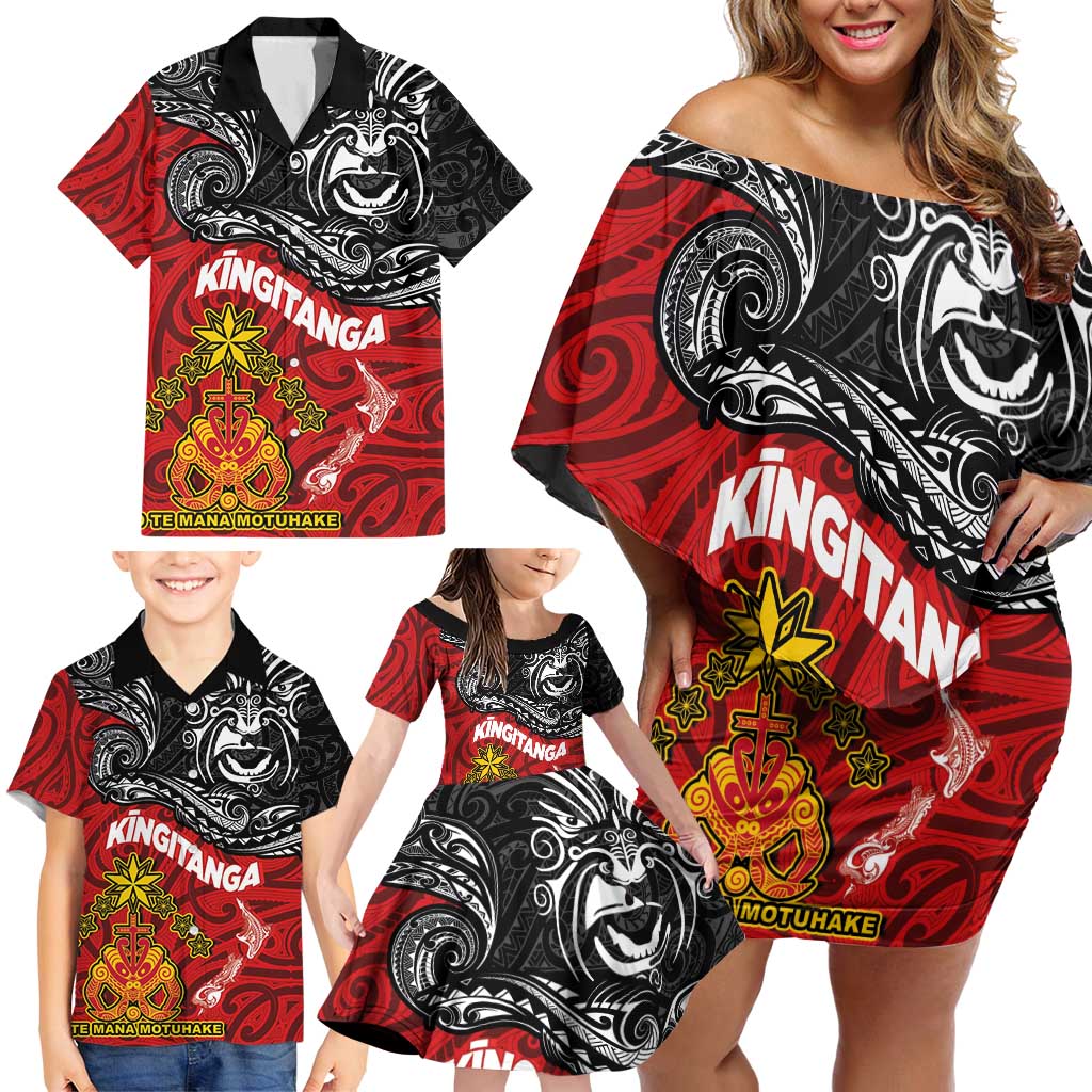 Maori King Movement Family Matching Off Shoulder Short Dress and Hawaiian Shirt Ko Te Mana Motuhake Emblem with Moko and Polynesian Art Tattoo LT03 - Polynesian Pride