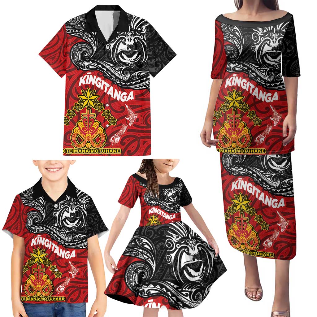 Maori King Movement Family Matching Puletasi and Hawaiian Shirt Ko Te Mana Motuhake Emblem with Moko and Polynesian Art Tattoo LT03 - Polynesian Pride