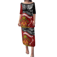 Maori King Movement Family Matching Puletasi and Hawaiian Shirt Ko Te Mana Motuhake Emblem with Moko and Polynesian Art Tattoo LT03 Mom's Dress Red - Polynesian Pride