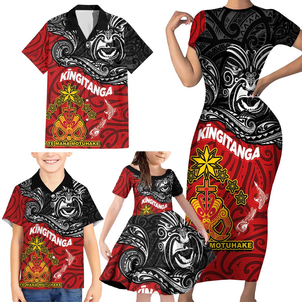 Maori King Movement Family Matching Short Sleeve Bodycon Dress and Hawaiian Shirt Ko Te Mana Motuhake Emblem with Moko and Polynesian Art Tattoo LT03 - Polynesian Pride