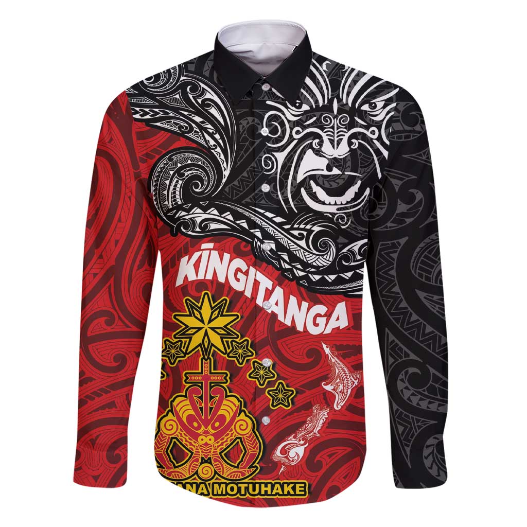 Maori King Movement Family Matching Short Sleeve Bodycon Dress and Hawaiian Shirt Ko Te Mana Motuhake Emblem with Moko and Polynesian Art Tattoo LT03 Dad's Shirt - Long Sleeve Red - Polynesian Pride