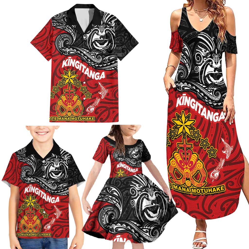 Maori King Movement Family Matching Summer Maxi Dress and Hawaiian Shirt Ko Te Mana Motuhake Emblem with Moko and Polynesian Art Tattoo LT03 - Polynesian Pride