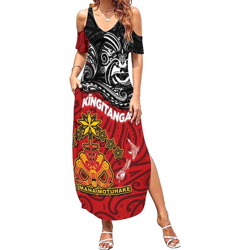 Maori King Movement Family Matching Summer Maxi Dress and Hawaiian Shirt Ko Te Mana Motuhake Emblem with Moko and Polynesian Art Tattoo LT03 Mom's Dress Red - Polynesian Pride