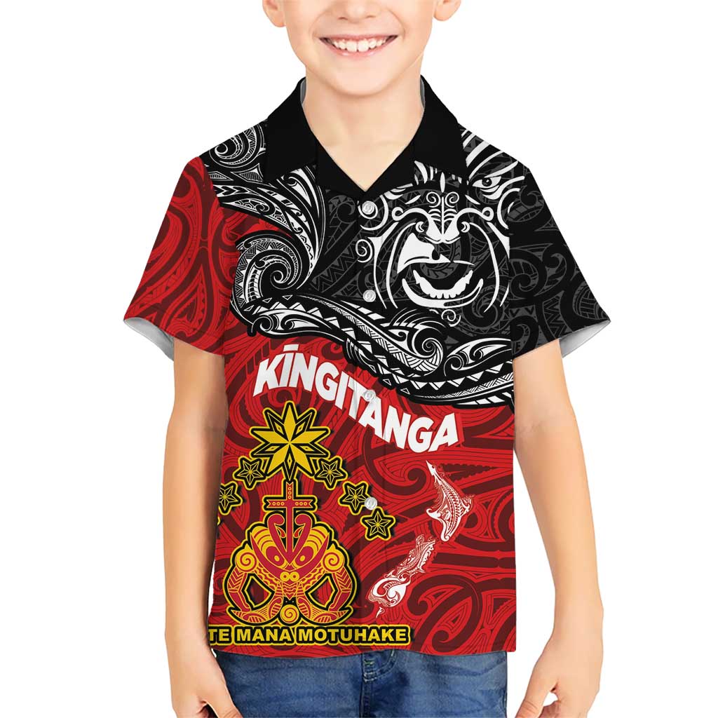 Maori King Movement Kid Hawaiian Shirt Ko Te Mana Motuhake Emblem with Moko and Polynesian Art Tattoo LT03 Kid Red - Polynesian Pride