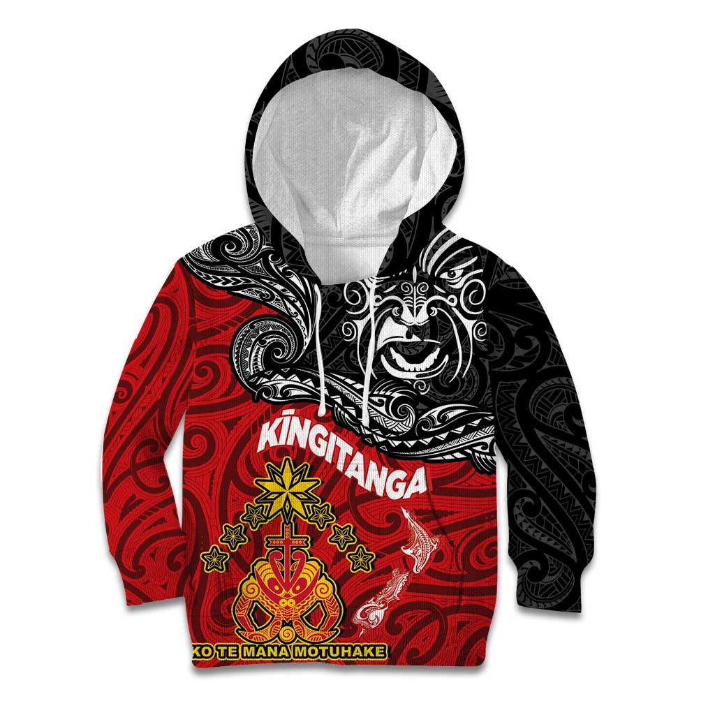 Maori King Movement Kid Hoodie Ko Te Mana Motuhake Emblem with Moko and Polynesian Art Tattoo LT03 Hoodie Red - Polynesian Pride