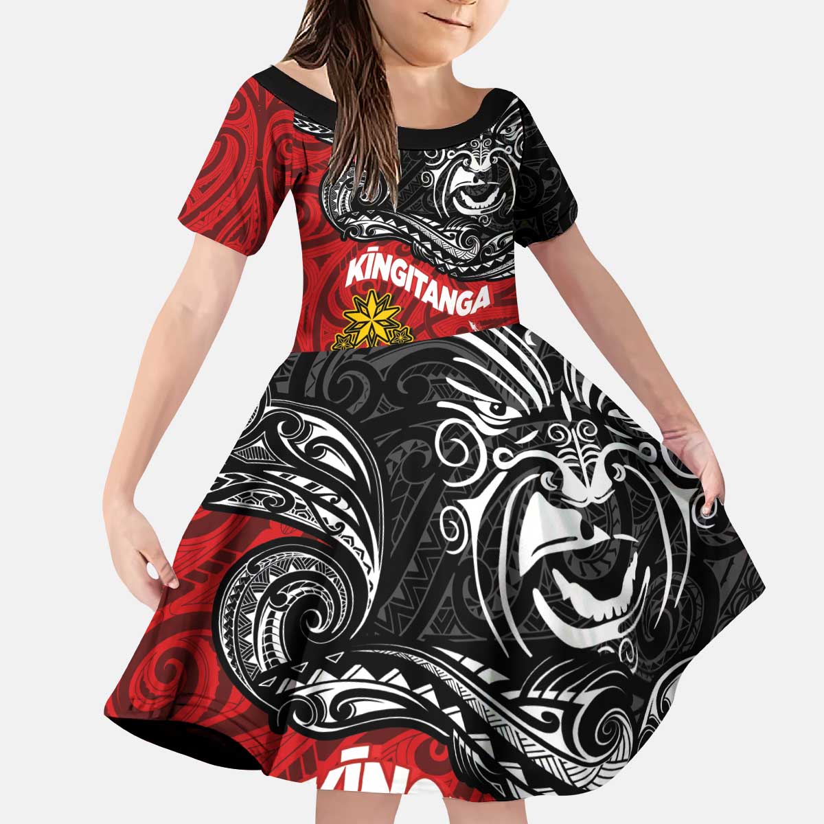 Maori King Movement Kid Short Sleeve Dress Ko Te Mana Motuhake Emblem with Moko and Polynesian Art Tattoo LT03 KID Red - Polynesian Pride