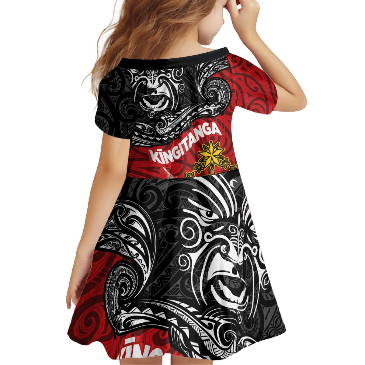 Maori King Movement Kid Short Sleeve Dress Ko Te Mana Motuhake Emblem with Moko and Polynesian Art Tattoo LT03 - Polynesian Pride