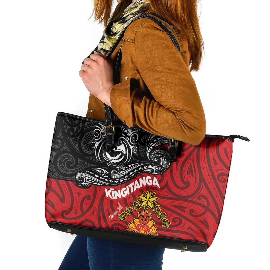 Maori King Movement Leather Tote Bag Ko Te Mana Motuhake Emblem with Moko and Polynesian Art Tattoo LT03 Red - Polynesian Pride