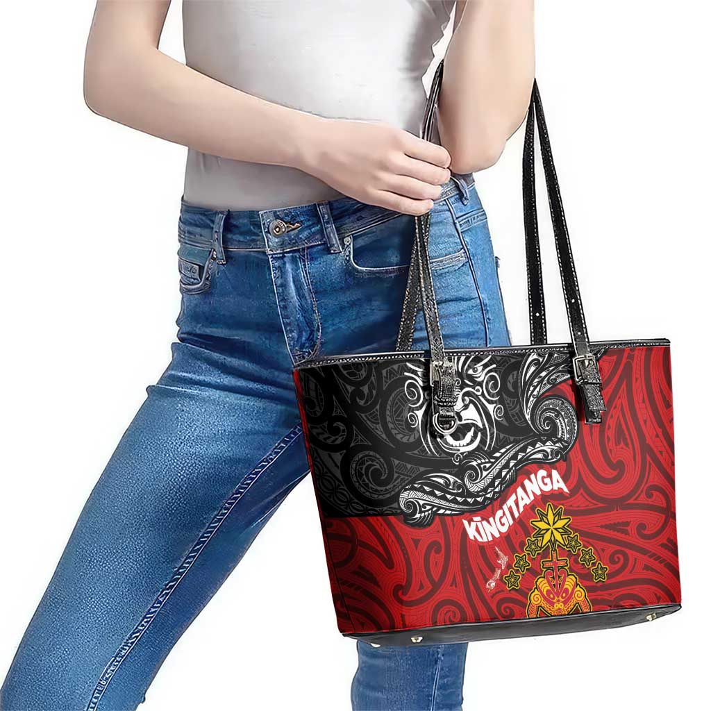 Maori King Movement Leather Tote Bag Ko Te Mana Motuhake Emblem with Moko and Polynesian Art Tattoo LT03 - Polynesian Pride