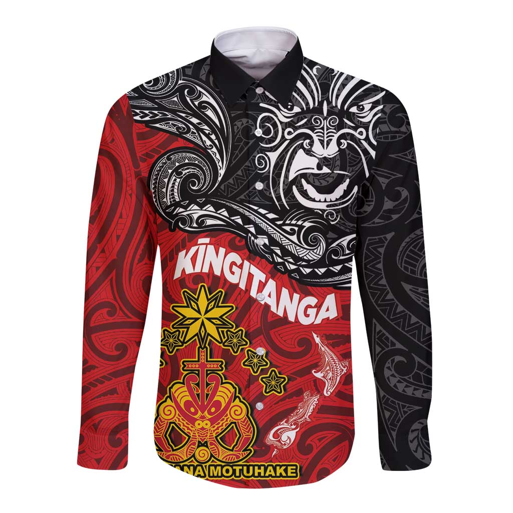 Maori King Movement Long Sleeve Button Shirt Ko Te Mana Motuhake Emblem with Moko and Polynesian Art Tattoo LT03 Unisex Red - Polynesian Pride