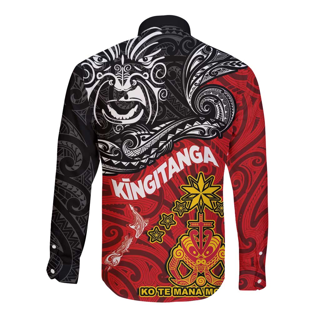 Maori King Movement Long Sleeve Button Shirt Ko Te Mana Motuhake Emblem with Moko and Polynesian Art Tattoo LT03 - Polynesian Pride