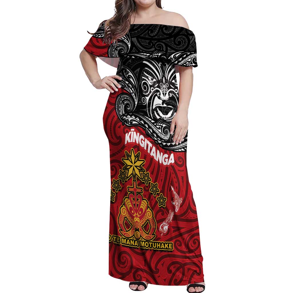 Maori King Movement Off Shoulder Maxi Dress Ko Te Mana Motuhake Emblem with Moko and Polynesian Art Tattoo LT03 Women Red - Polynesian Pride