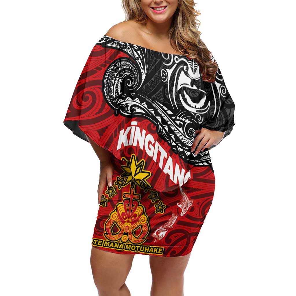 Maori King Movement Off Shoulder Short Dress Ko Te Mana Motuhake Emblem with Moko and Polynesian Art Tattoo LT03 Women Red - Polynesian Pride