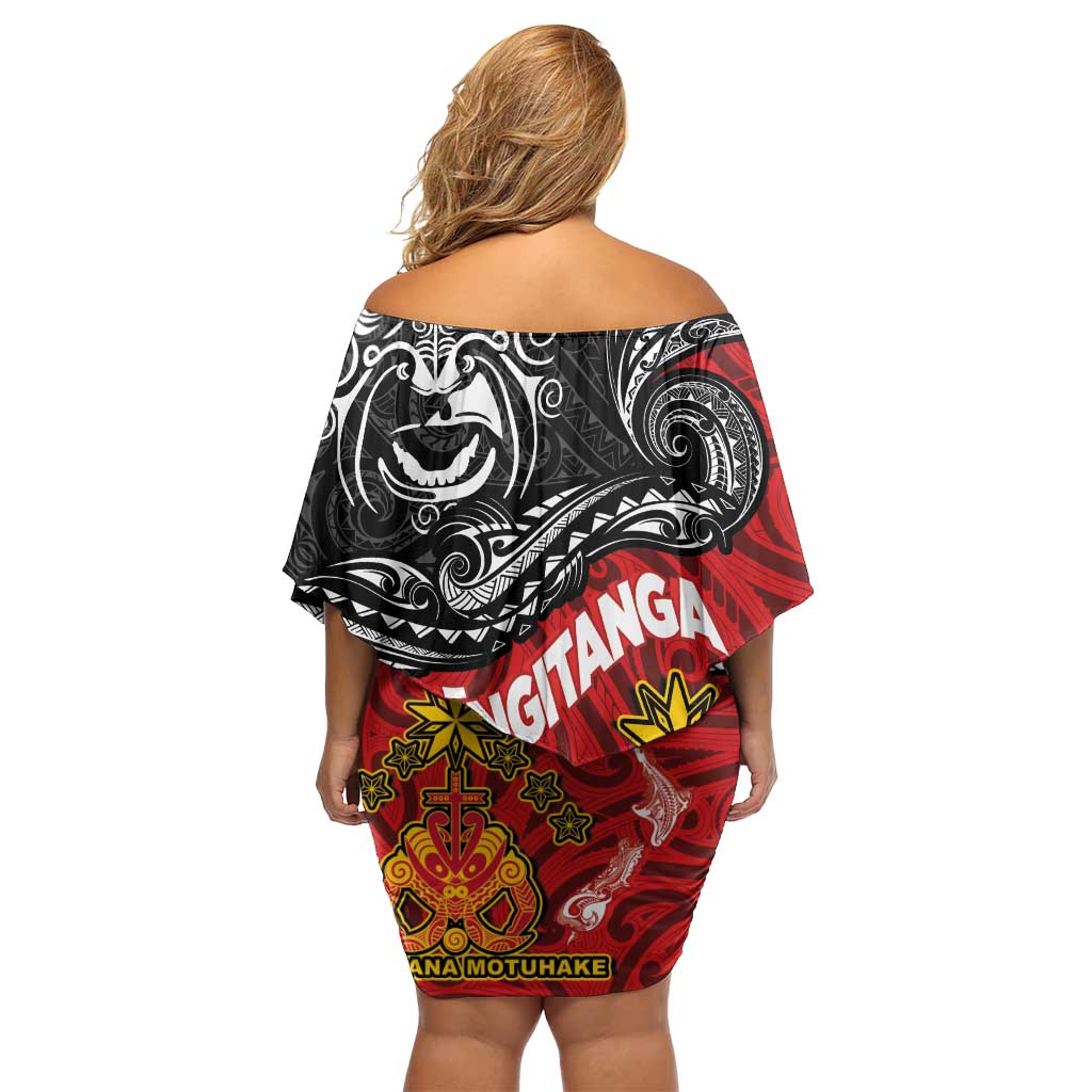 Maori King Movement Off Shoulder Short Dress Ko Te Mana Motuhake Emblem with Moko and Polynesian Art Tattoo LT03 - Polynesian Pride