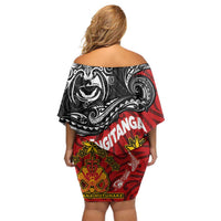 Maori King Movement Off Shoulder Short Dress Ko Te Mana Motuhake Emblem with Moko and Polynesian Art Tattoo LT03 - Polynesian Pride