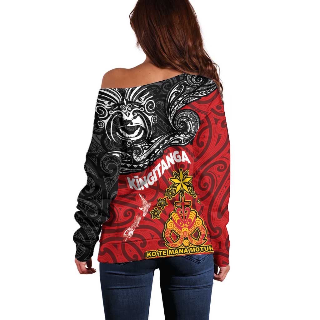 Maori King Movement Off Shoulder Sweater Ko Te Mana Motuhake Emblem with Moko and Polynesian Art Tattoo LT03 - Polynesian Pride