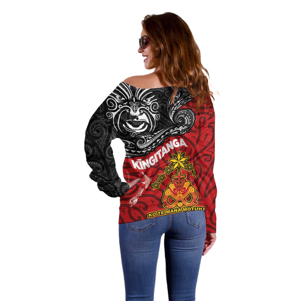 Maori King Movement Off Shoulder Sweater Ko Te Mana Motuhake Emblem with Moko and Polynesian Art Tattoo LT03 - Polynesian Pride