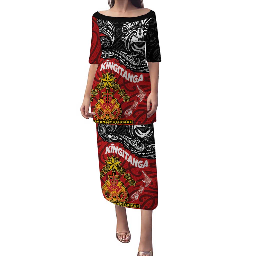 Maori King Movement Puletasi Ko Te Mana Motuhake Emblem with Moko and Polynesian Art Tattoo LT03 Long Dress Red - Polynesian Pride
