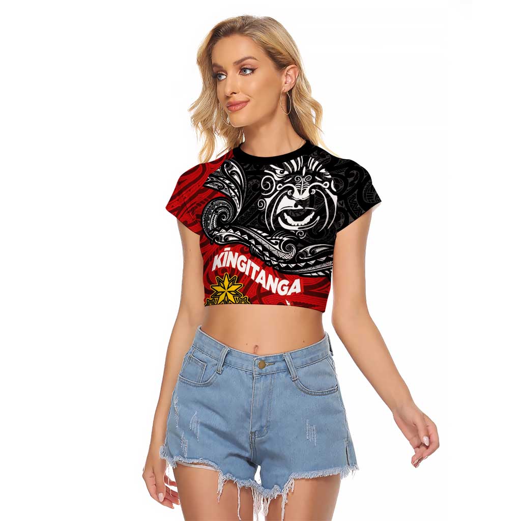 Maori King Movement Raglan Cropped T Shirt Ko Te Mana Motuhake Emblem with Moko and Polynesian Art Tattoo LT03 Female Red - Polynesian Pride