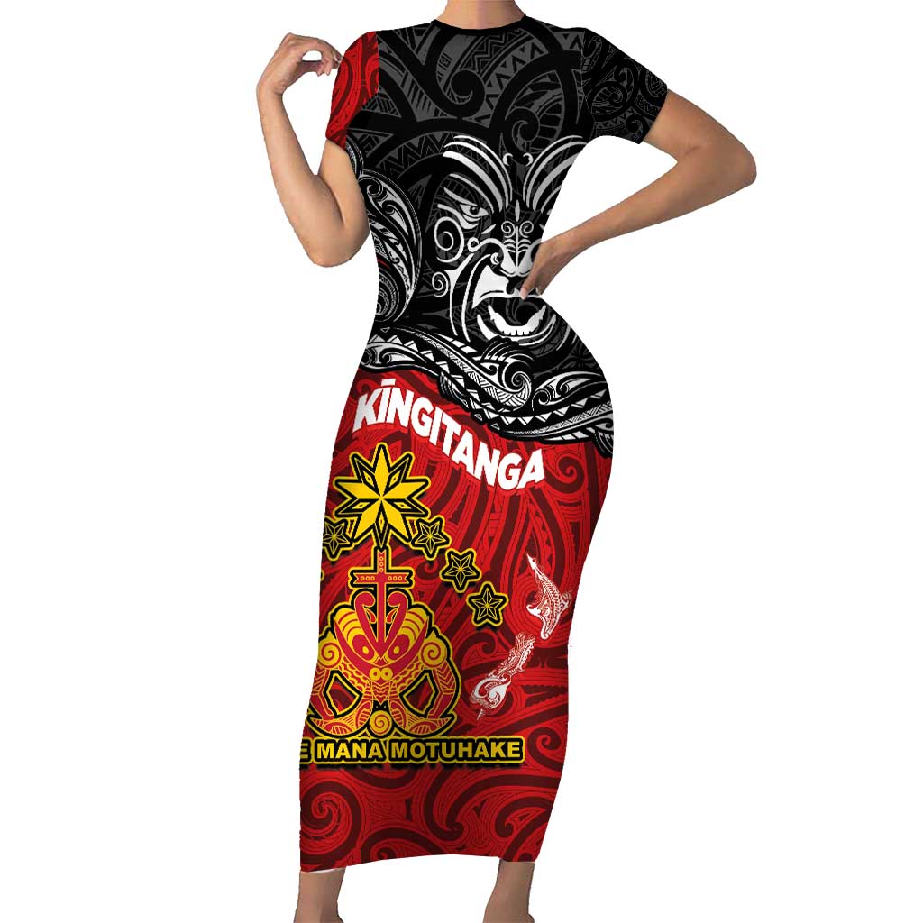 Maori King Movement Short Sleeve Bodycon Dress Ko Te Mana Motuhake Emblem with Moko and Polynesian Art Tattoo LT03 Long Dress Red - Polynesian Pride