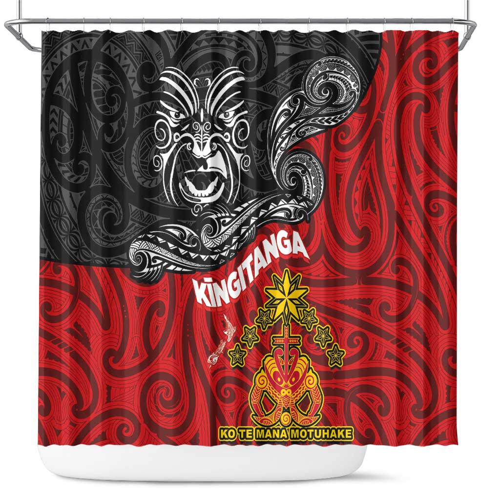 Maori King Movement Shower Curtain Ko Te Mana Motuhake Emblem with Moko and Polynesian Art Tattoo LT03 Red - Polynesian Pride