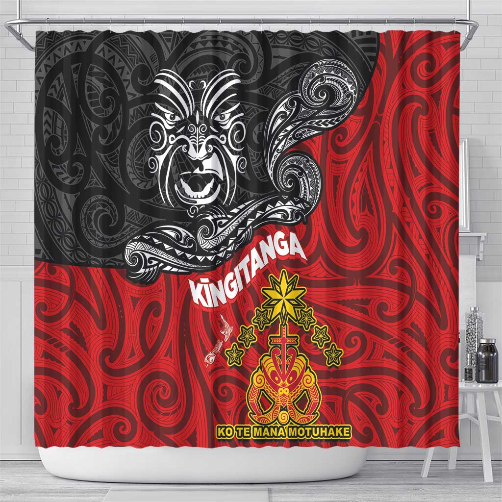 Maori King Movement Shower Curtain Ko Te Mana Motuhake Emblem with Moko and Polynesian Art Tattoo LT03 - Polynesian Pride