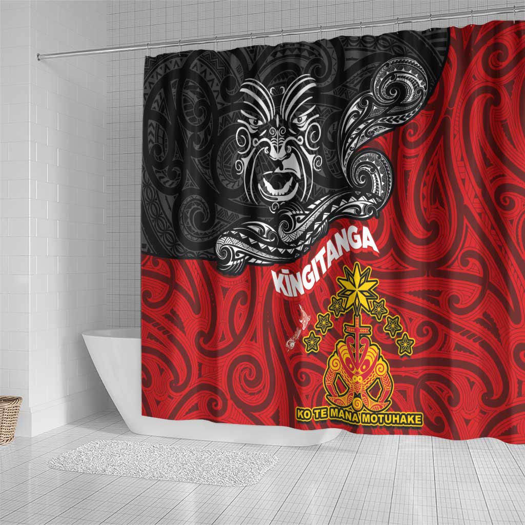 Maori King Movement Shower Curtain Ko Te Mana Motuhake Emblem with Moko and Polynesian Art Tattoo LT03 - Polynesian Pride