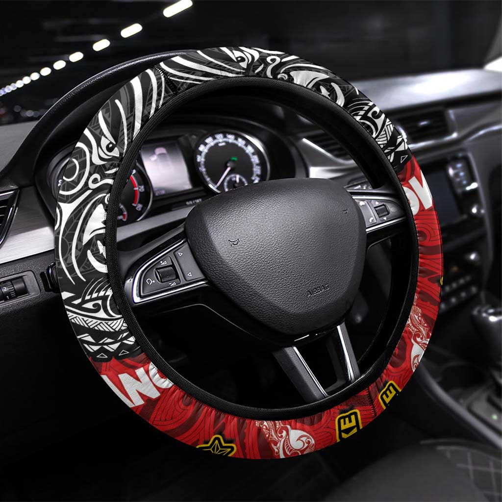 Maori King Movement Steering Wheel Cover Ko Te Mana Motuhake Emblem with Moko and Polynesian Art Tattoo LT03 Universal Fit Red - Polynesian Pride