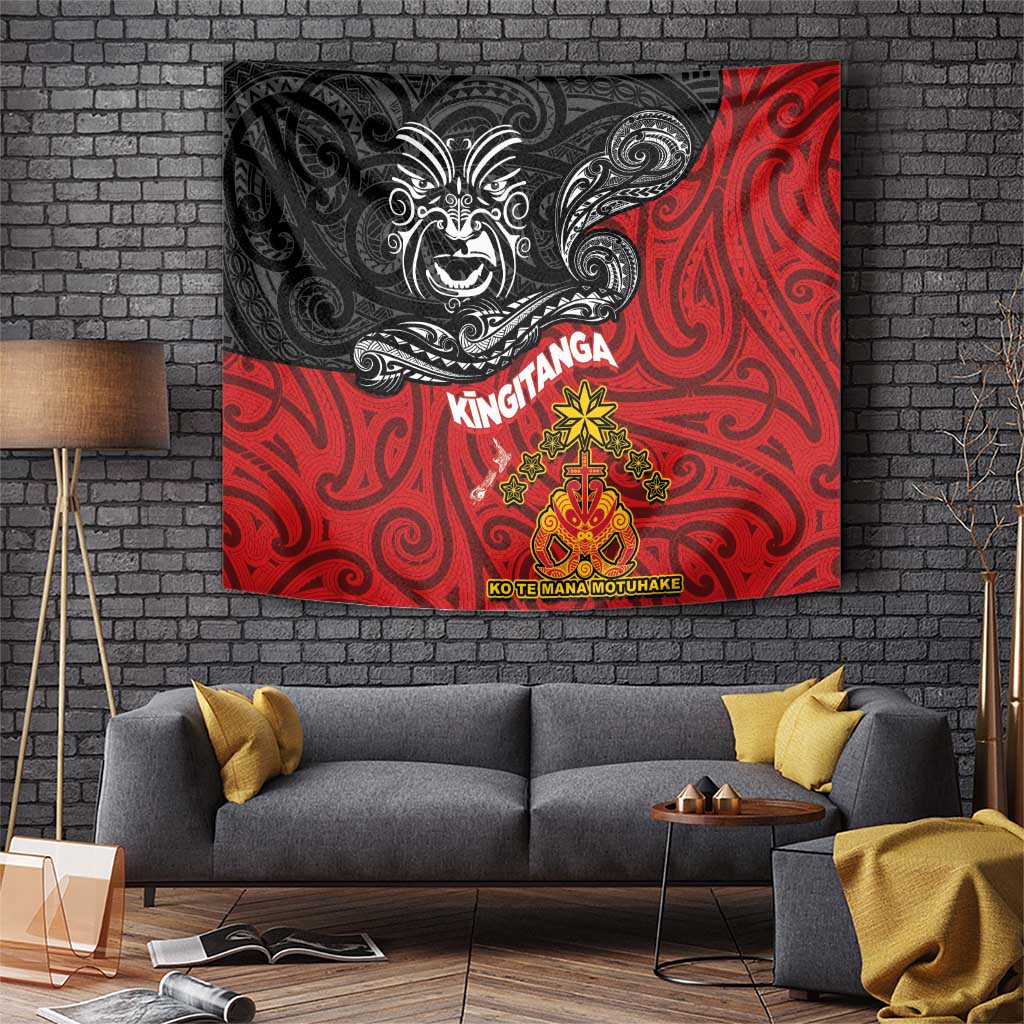 Maori King Movement Tapestry Ko Te Mana Motuhake Emblem with Moko and Polynesian Art Tattoo LT03 Red - Polynesian Pride