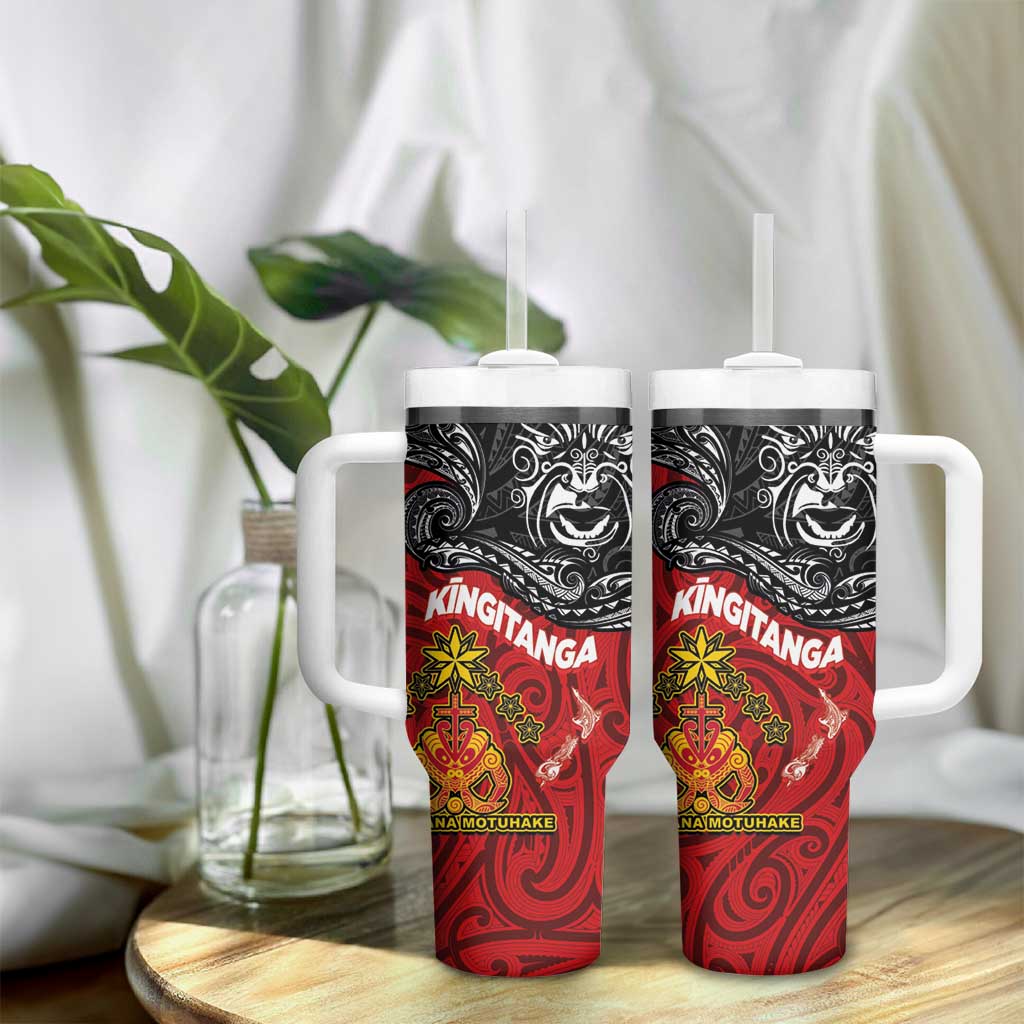 Maori King Movement Tumbler With Handle Ko Te Mana Motuhake Emblem with Moko and Polynesian Art Tattoo LT03 - Polynesian Pride