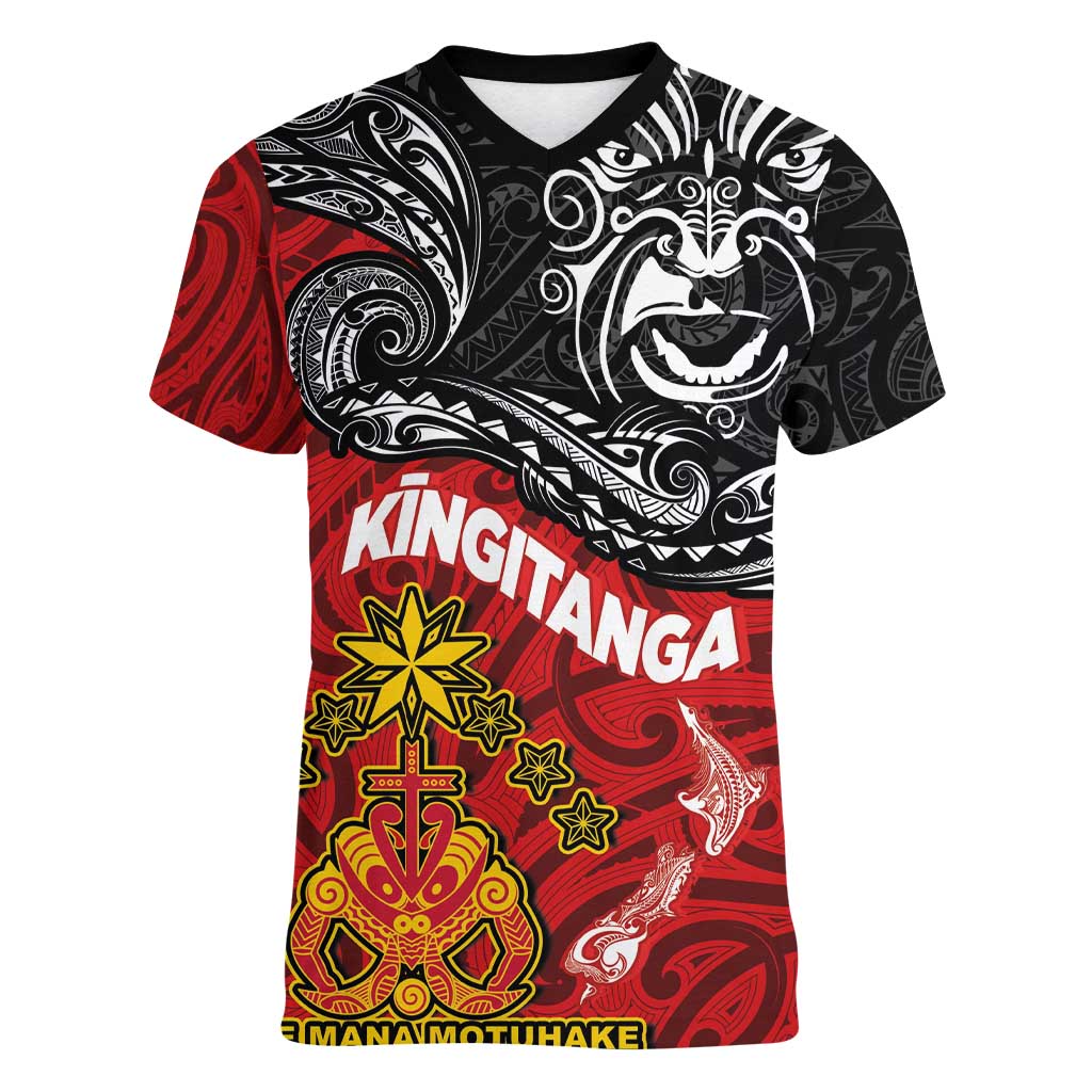 Maori King Movement Women V-Neck T-Shirt Ko Te Mana Motuhake Emblem with Moko and Polynesian Art Tattoo LT03 Female Red - Polynesian Pride