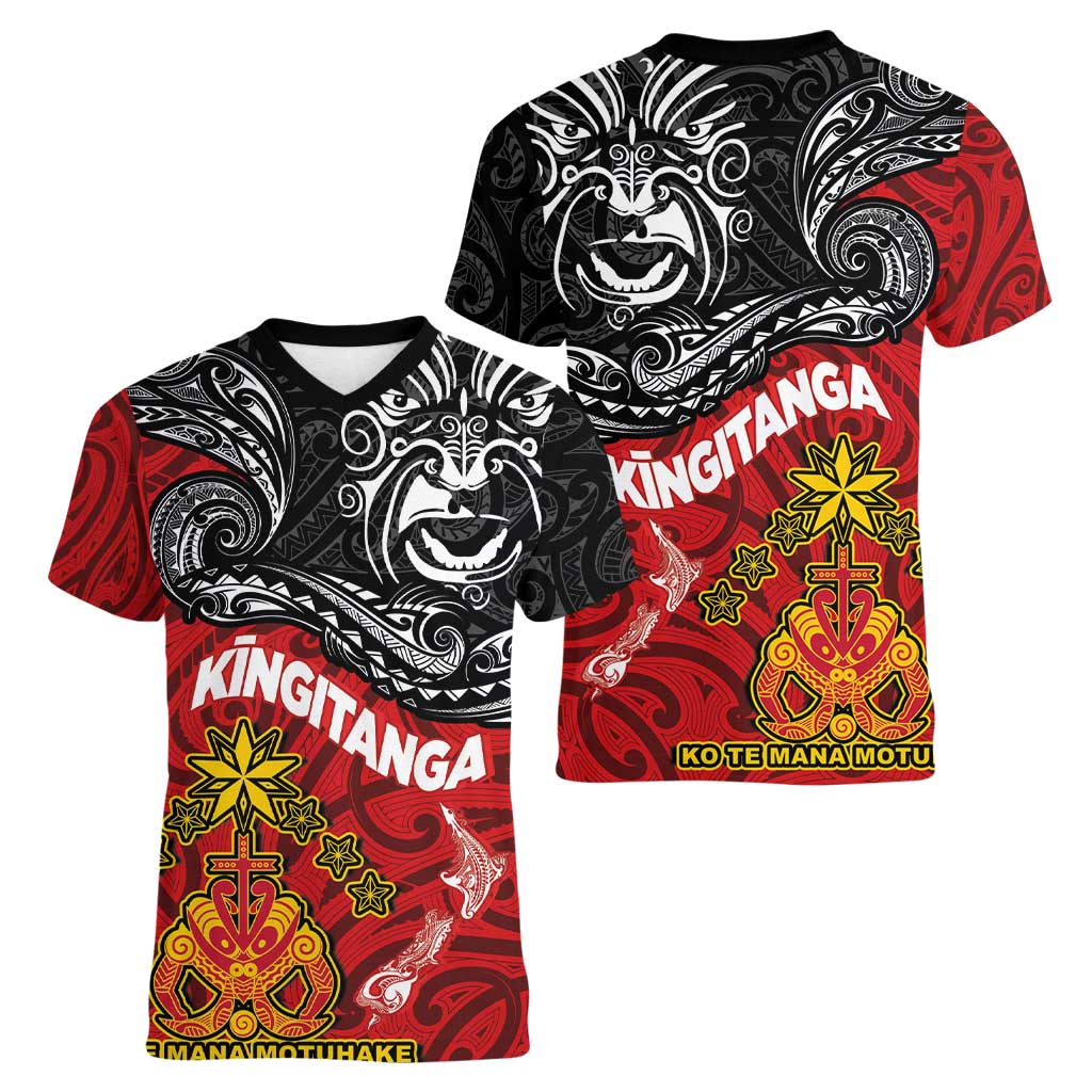 Maori King Movement Women V-Neck T-Shirt Ko Te Mana Motuhake Emblem with Moko and Polynesian Art Tattoo LT03 - Polynesian Pride