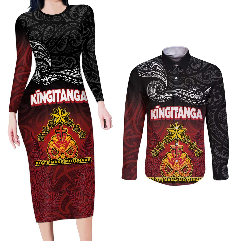 Personalised Maori King Movement Couples Matching Long Sleeve Bodycon Dress and Long Sleeve Button Shirt Ko Te Mana Motuhake Emblem with Silver Ferns and Polynesian Art Tattoo LT03 Red - Polynesian Pride