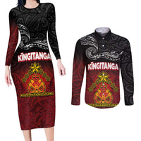 Personalised Maori King Movement Couples Matching Long Sleeve Bodycon Dress and Long Sleeve Button Shirt Ko Te Mana Motuhake Emblem with Silver Ferns and Polynesian Art Tattoo LT03 Red - Polynesian Pride