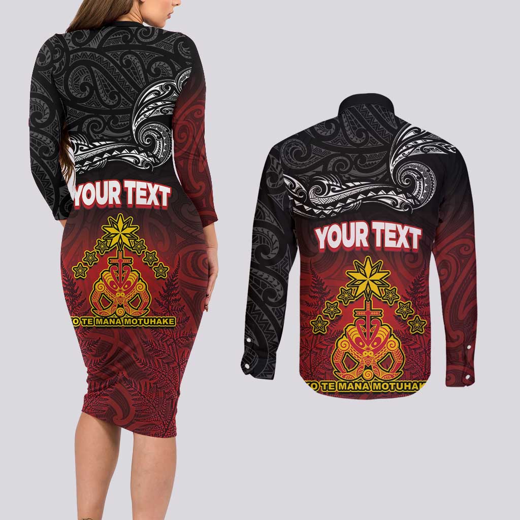 Personalised Maori King Movement Couples Matching Long Sleeve Bodycon Dress and Long Sleeve Button Shirt Ko Te Mana Motuhake Emblem with Silver Ferns and Polynesian Art Tattoo LT03 - Polynesian Pride