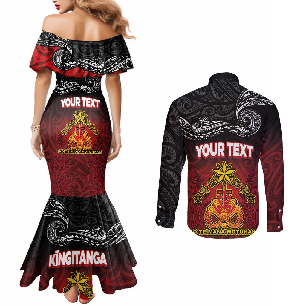 Personalised Maori King Movement Couples Matching Mermaid Dress and Long Sleeve Button Shirt Ko Te Mana Motuhake Emblem with Silver Ferns and Polynesian Art Tattoo LT03 - Polynesian Pride