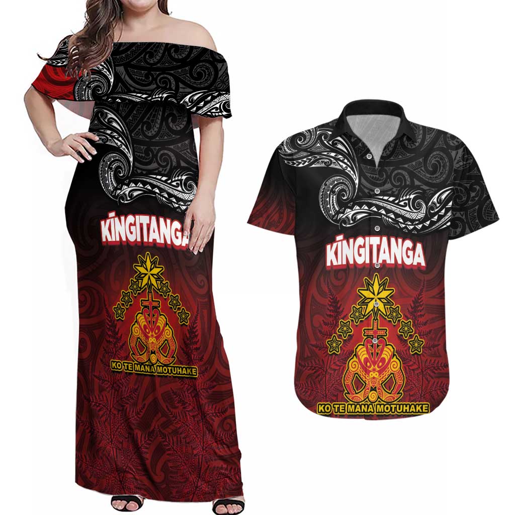 Personalised Maori King Movement Couples Matching Off Shoulder Maxi Dress and Hawaiian Shirt Ko Te Mana Motuhake Emblem with Silver Ferns and Polynesian Art Tattoo LT03 Red - Polynesian Pride