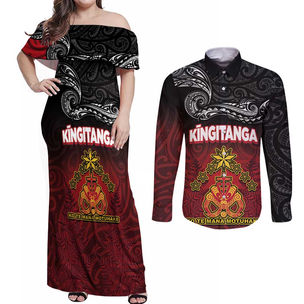 Personalised Maori King Movement Couples Matching Off Shoulder Maxi Dress and Long Sleeve Button Shirt Ko Te Mana Motuhake Emblem with Silver Ferns and Polynesian Art Tattoo LT03 Red - Polynesian Pride