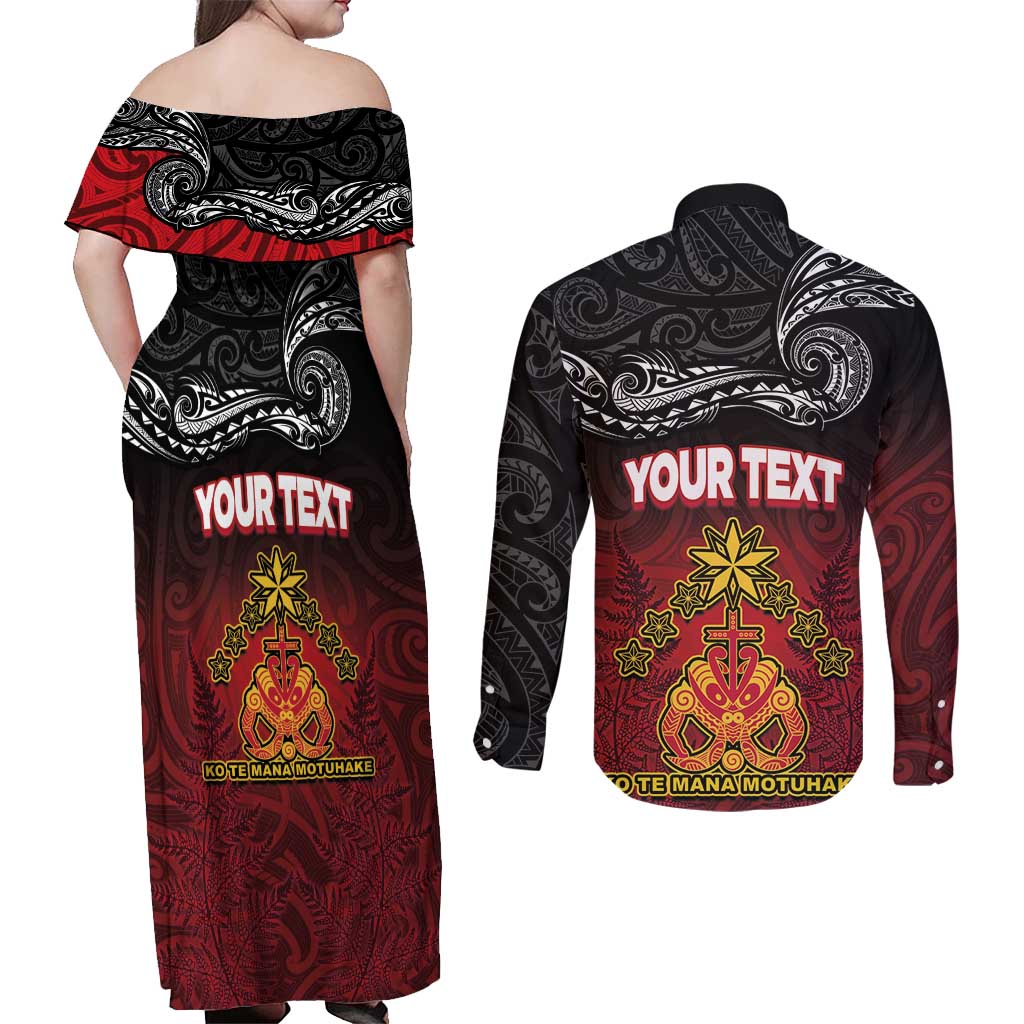 Personalised Maori King Movement Couples Matching Off Shoulder Maxi Dress and Long Sleeve Button Shirt Ko Te Mana Motuhake Emblem with Silver Ferns and Polynesian Art Tattoo LT03 - Polynesian Pride