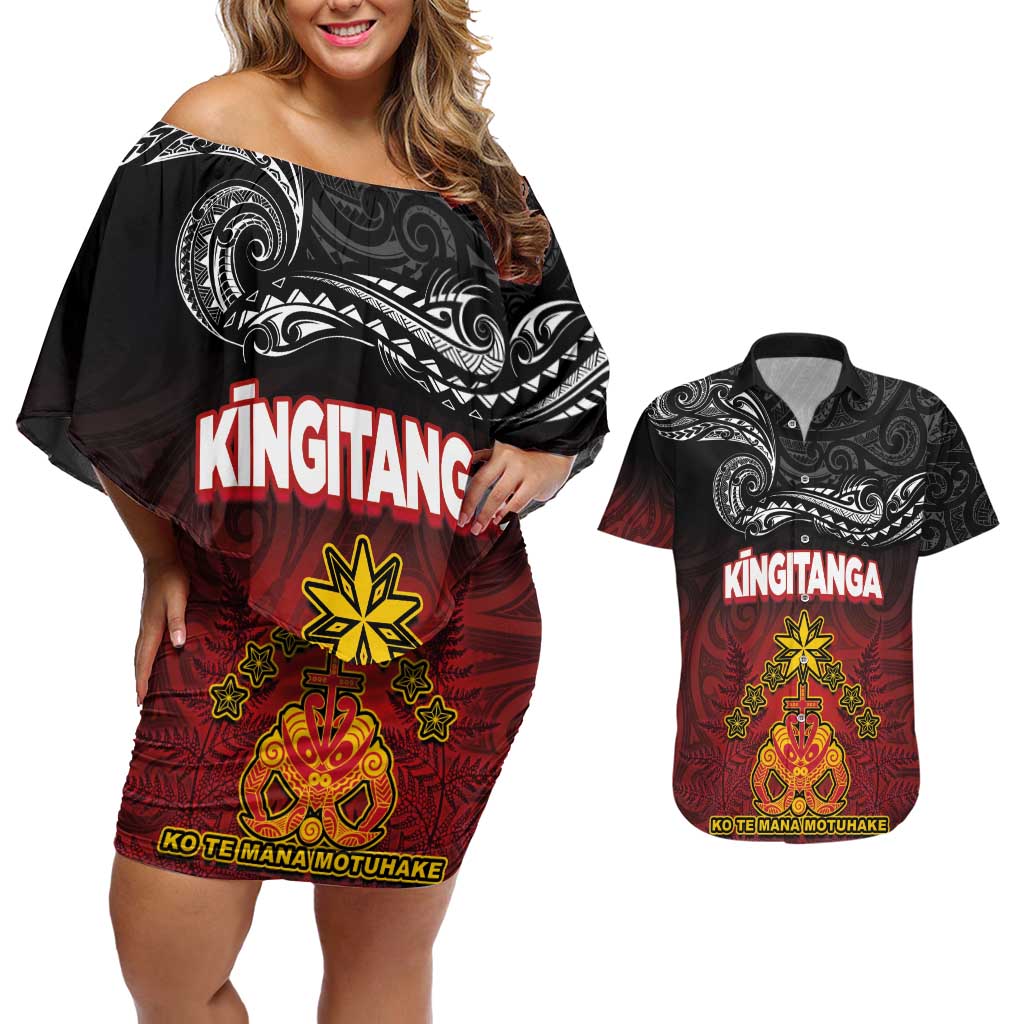 Personalised Maori King Movement Couples Matching Off Shoulder Short Dress and Hawaiian Shirt Ko Te Mana Motuhake Emblem with Silver Ferns and Polynesian Art Tattoo LT03 Red - Polynesian Pride