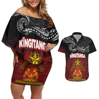 Personalised Maori King Movement Couples Matching Off Shoulder Short Dress and Hawaiian Shirt Ko Te Mana Motuhake Emblem with Silver Ferns and Polynesian Art Tattoo LT03 Red - Polynesian Pride
