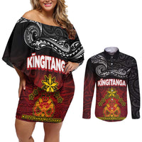 Personalised Maori King Movement Couples Matching Off Shoulder Short Dress and Long Sleeve Button Shirt Ko Te Mana Motuhake Emblem with Silver Ferns and Polynesian Art Tattoo LT03 Red - Polynesian Pride