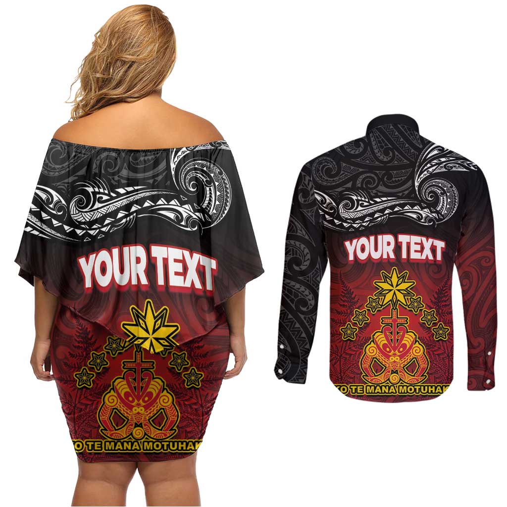 Personalised Maori King Movement Couples Matching Off Shoulder Short Dress and Long Sleeve Button Shirt Ko Te Mana Motuhake Emblem with Silver Ferns and Polynesian Art Tattoo LT03 - Polynesian Pride