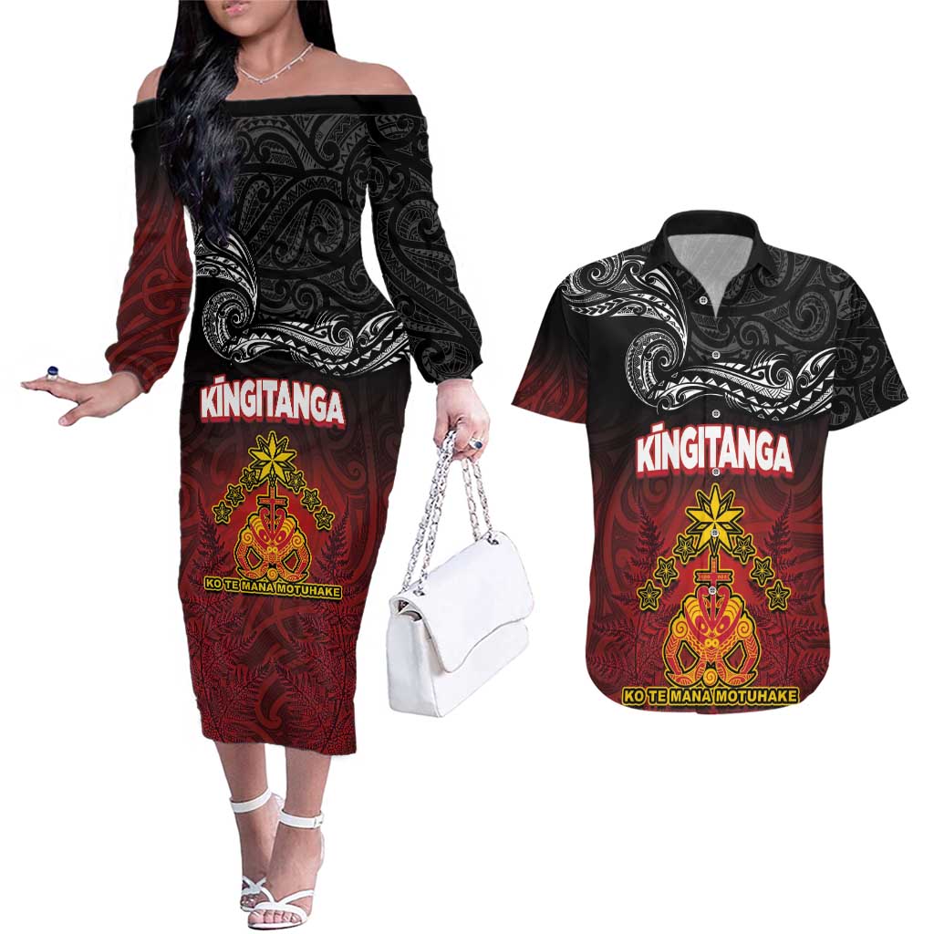 Personalised Maori King Movement Couples Matching Off The Shoulder Long Sleeve Dress and Hawaiian Shirt Ko Te Mana Motuhake Emblem with Silver Ferns and Polynesian Art Tattoo LT03 Red - Polynesian Pride