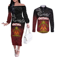 Personalised Maori King Movement Couples Matching Off The Shoulder Long Sleeve Dress and Long Sleeve Button Shirt Ko Te Mana Motuhake Emblem with Silver Ferns and Polynesian Art Tattoo LT03 Red - Polynesian Pride