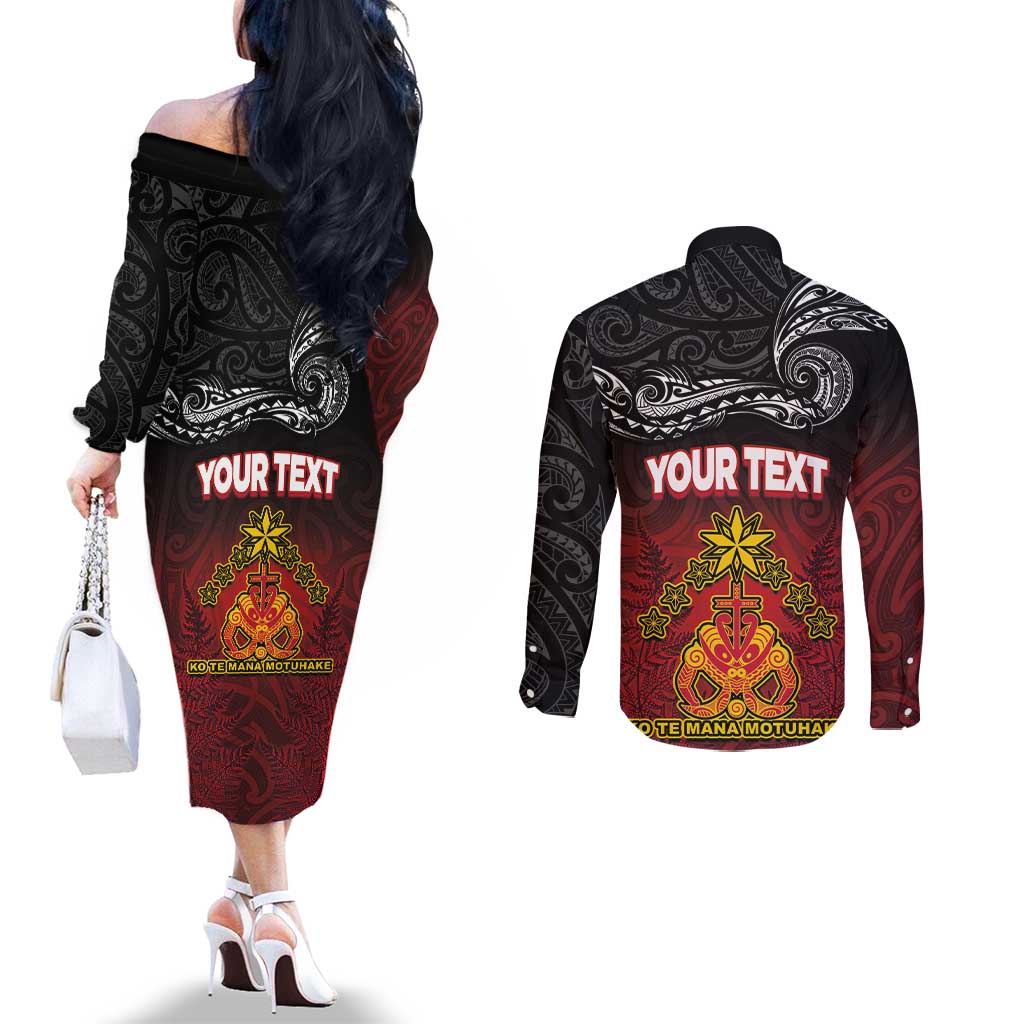 Personalised Maori King Movement Couples Matching Off The Shoulder Long Sleeve Dress and Long Sleeve Button Shirt Ko Te Mana Motuhake Emblem with Silver Ferns and Polynesian Art Tattoo LT03 - Polynesian Pride