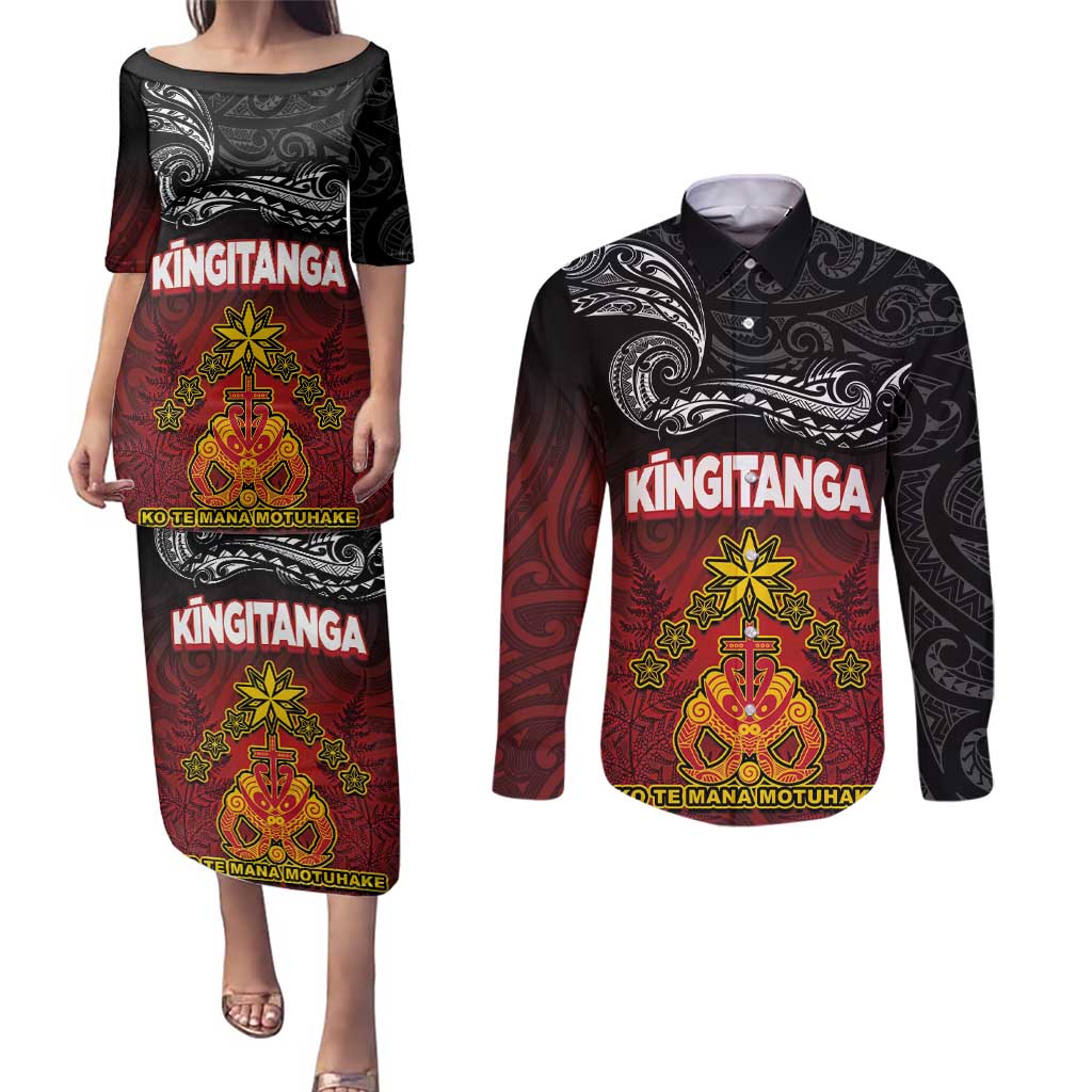 Personalised Maori King Movement Couples Matching Puletasi and Long Sleeve Button Shirt Ko Te Mana Motuhake Emblem with Silver Ferns and Polynesian Art Tattoo LT03 Red - Polynesian Pride
