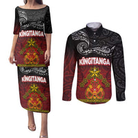 Personalised Maori King Movement Couples Matching Puletasi and Long Sleeve Button Shirt Ko Te Mana Motuhake Emblem with Silver Ferns and Polynesian Art Tattoo LT03 Red - Polynesian Pride